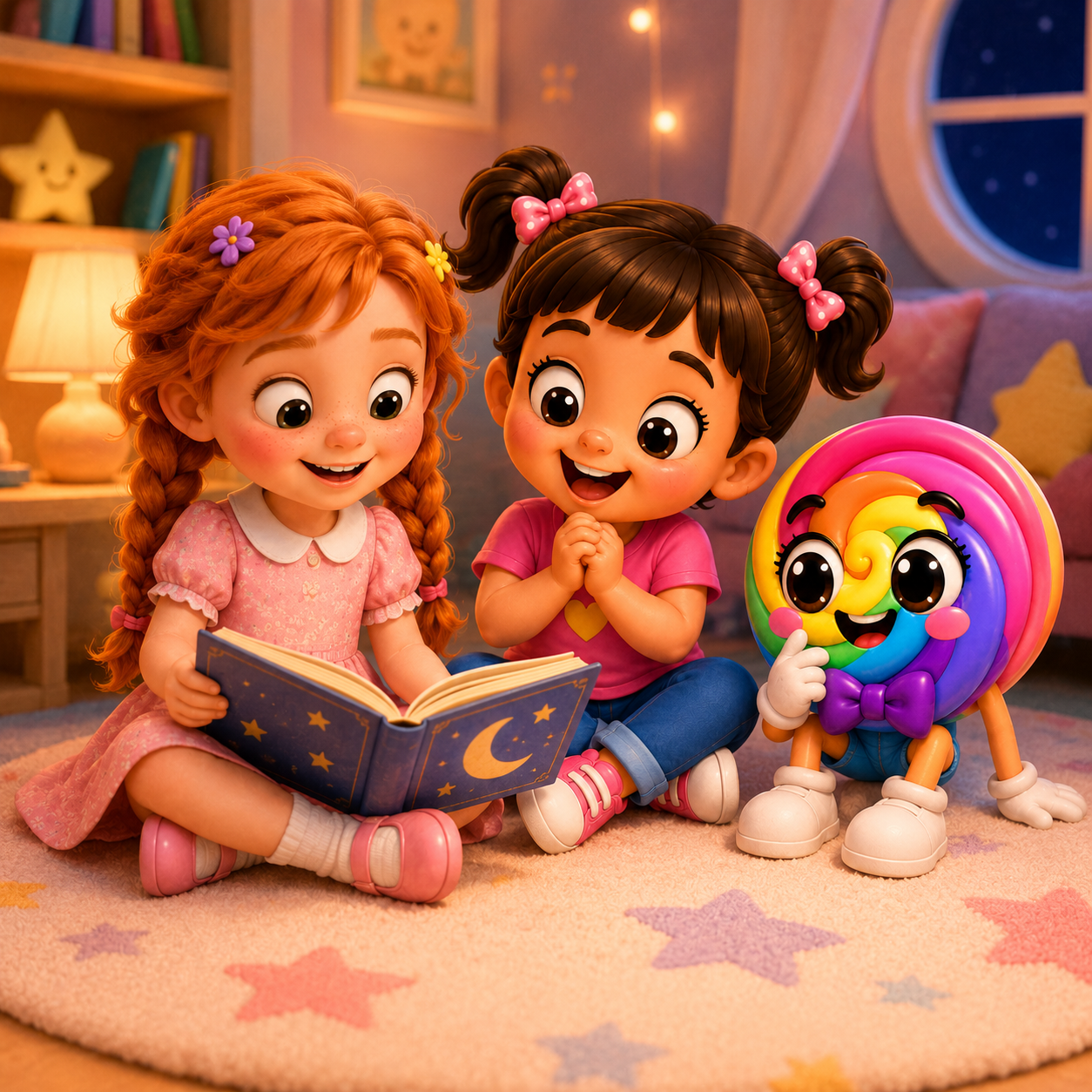 Gali, Joy, and LolliPop sharing a bedtime story