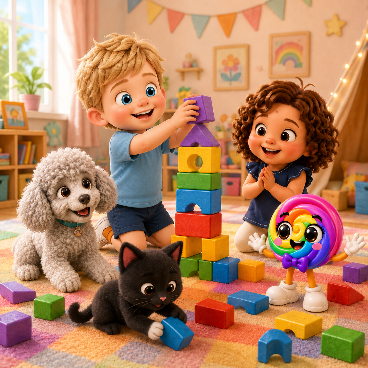 Gal, Aria, Hank, Ugi, and LolliPop building together