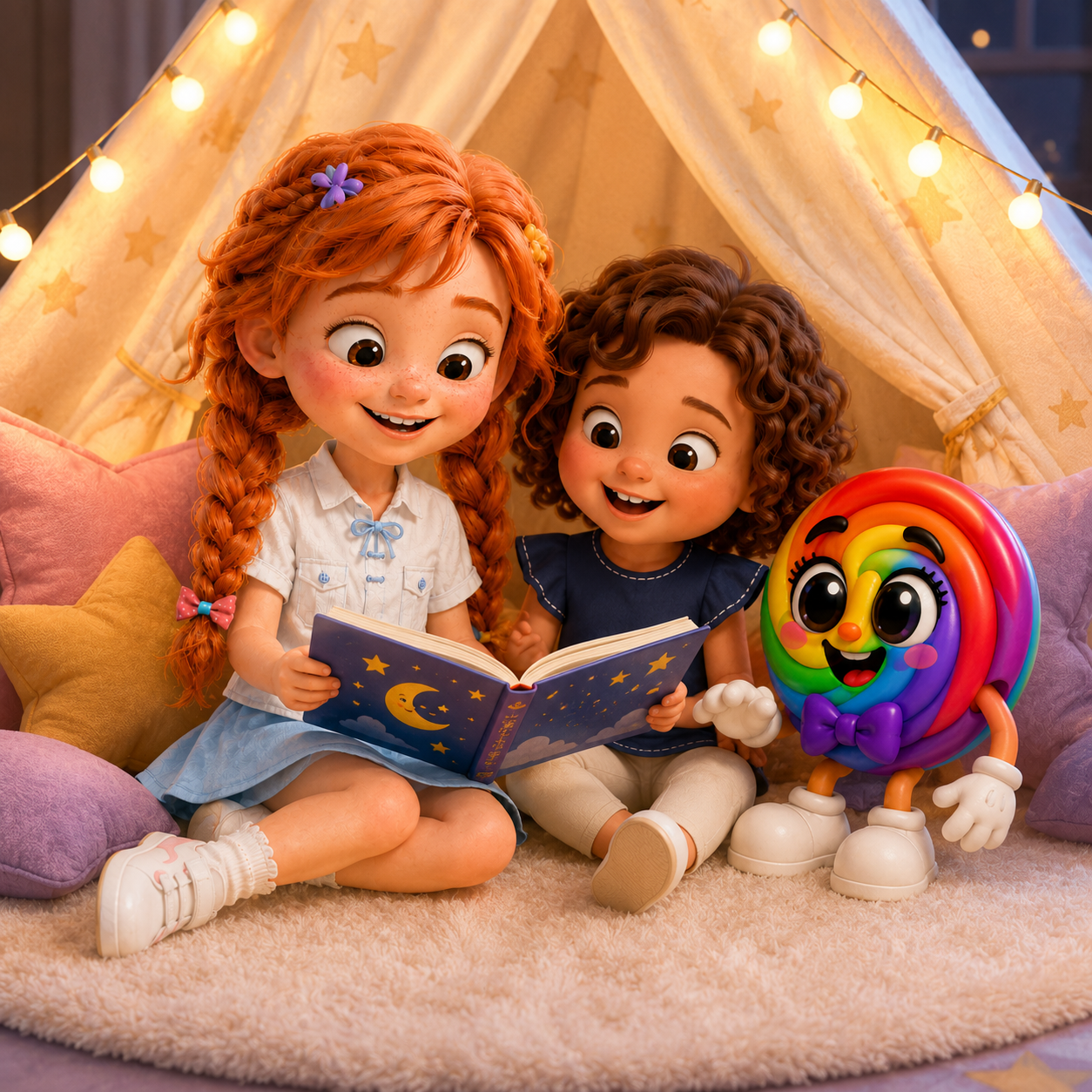 Gali, Joy, and LolliPop in a cozy bedtime setting