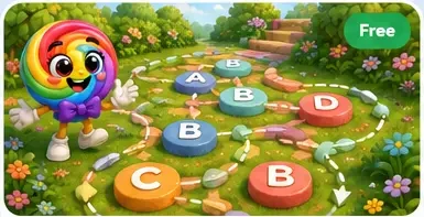 LolliPop guiding a colorful letter maze