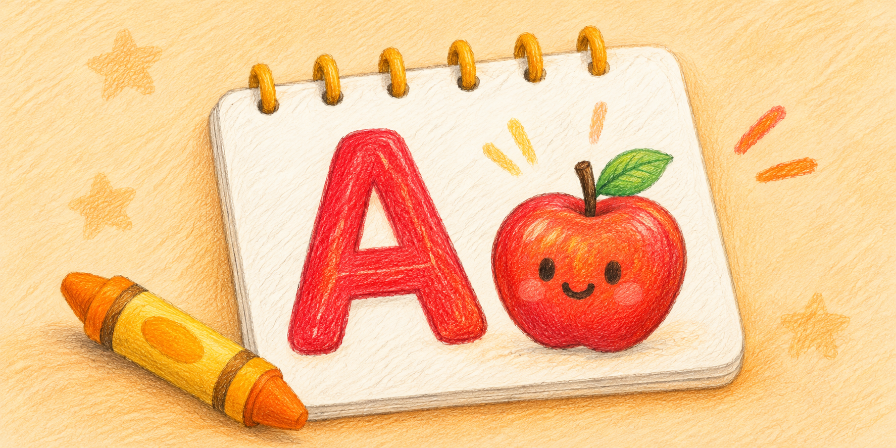 Colored-pencil ABC coloring book and friendly apple
