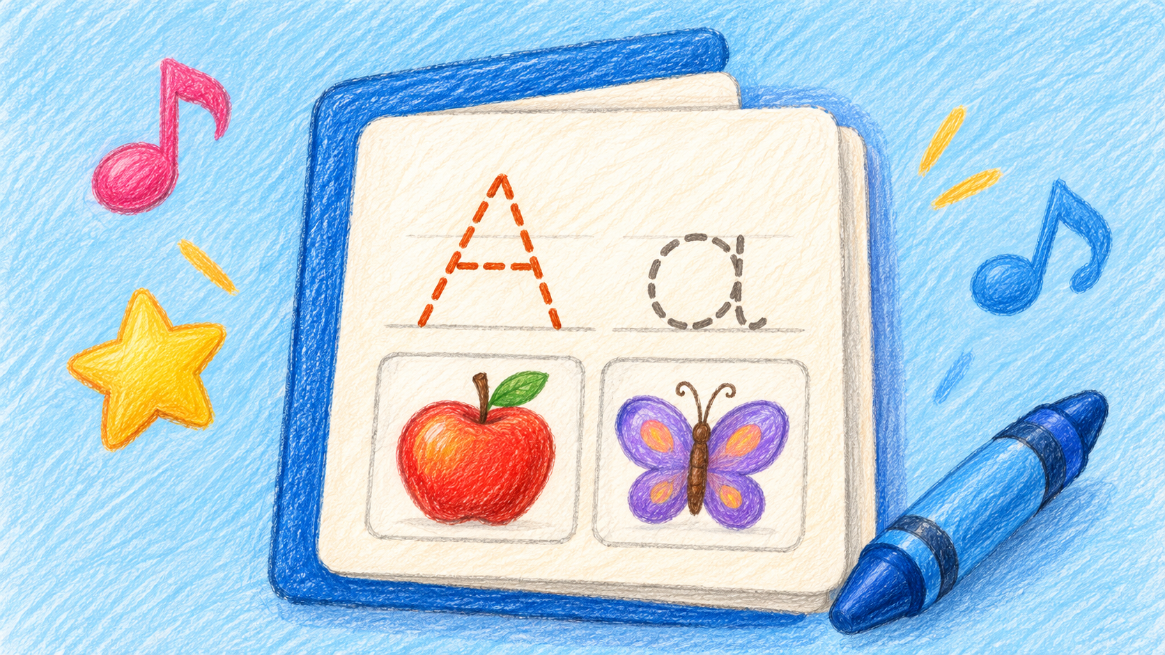 Colored-pencil activity workbook with letters and pictures