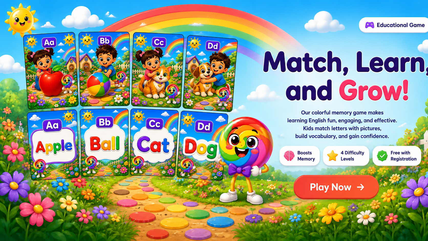 A colorful English memory game with letter and picture cards, a rainbow, flowers, and a Play Now button.
