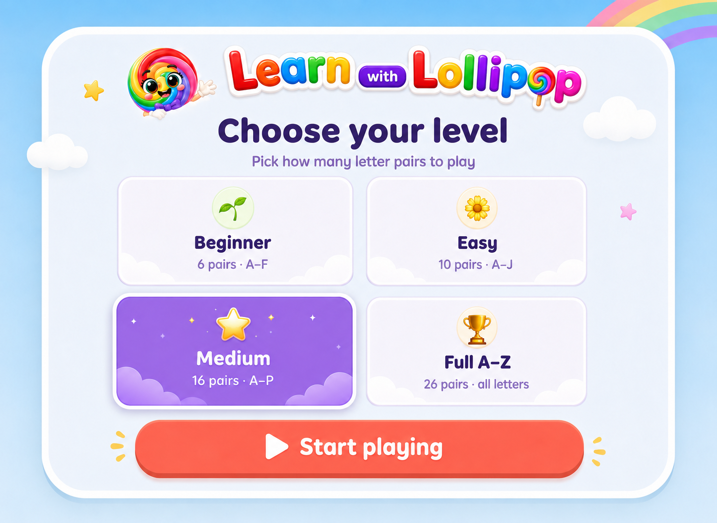 Choose your level: Beginner 6 pairs A-F, Easy 10 pairs A-J, Medium 16 pairs A-P, Full A-Z 26 pairs all letters