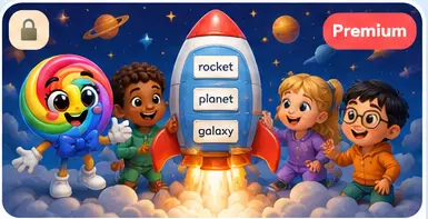 LolliPop and children learning advanced words with a rocket